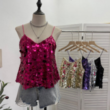 实拍欧美辣妹性感夜店重工bling闪闪亮片V领吊带背心无袖上衣3032