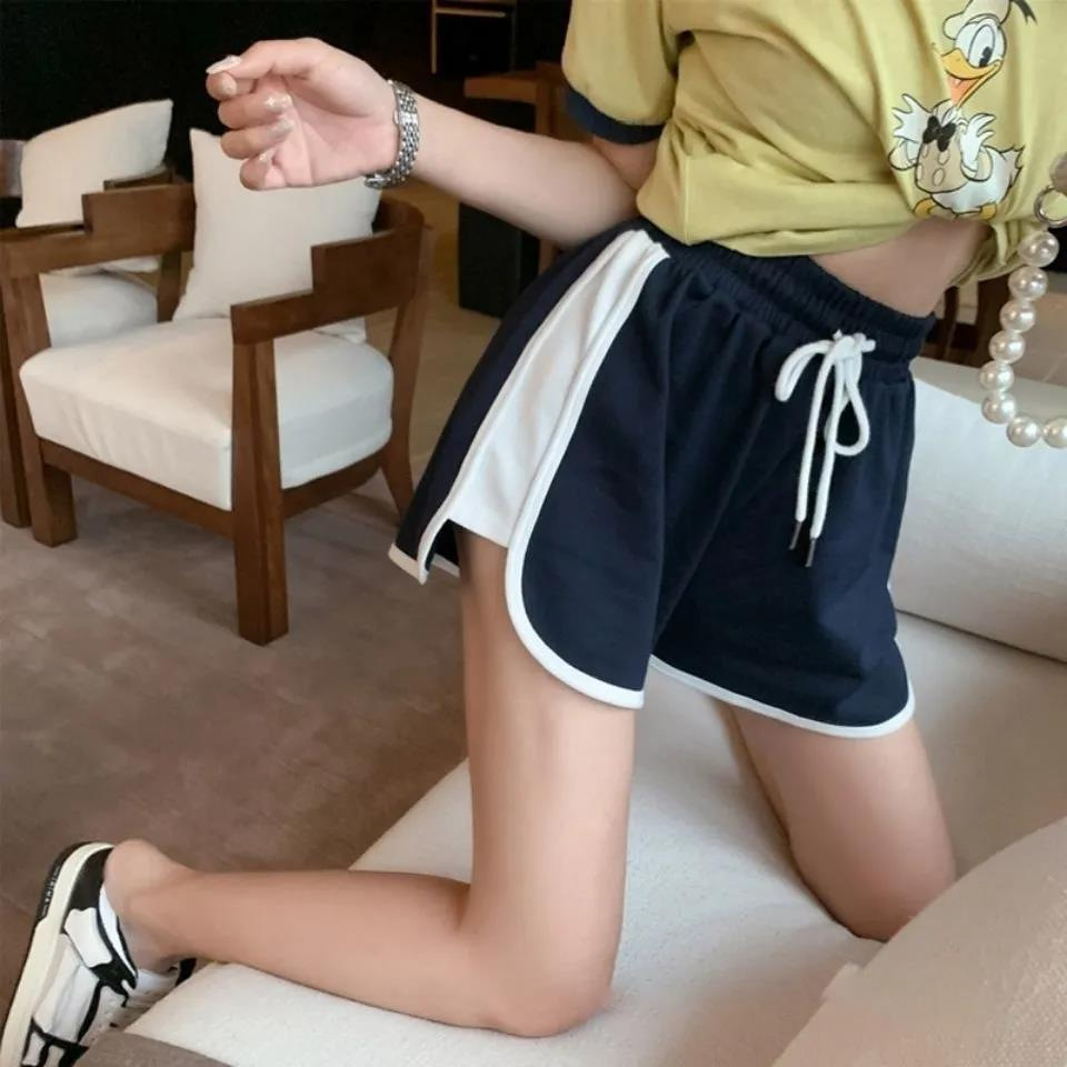 Korean Style Casual Shorts for Women 2022 New Summer High-Waisted Loose Color-Block Wide-Leg Elastic Waist Sports Hot Pants Thin Style