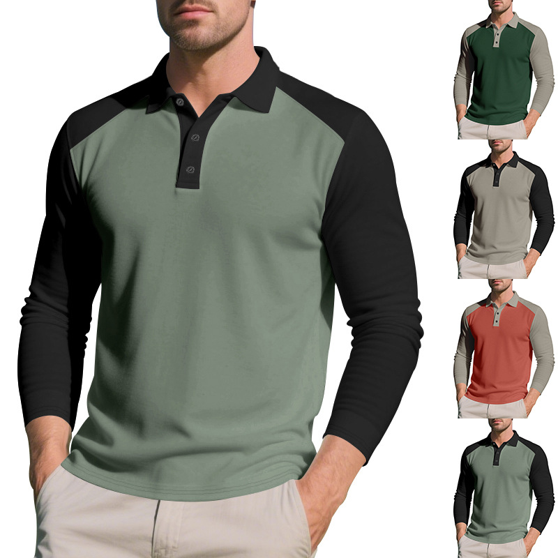 Foreign Trade Cross-Border American-Style Autumn and Winter Long-Sleeve Polo Shirt Color-Block Casual Golf Turn-Down Collar Men's T-Shirt Base Shirt