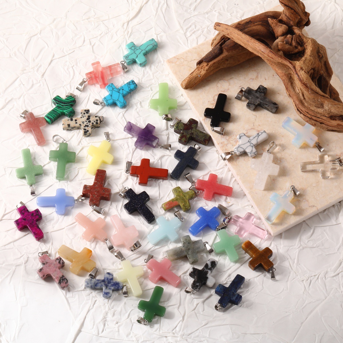Natural Stone Cross Fashion Versatile Cross-Shaped Crystal Pendant DIY Jewelry Accessories Cross-Border Wholesale Supply