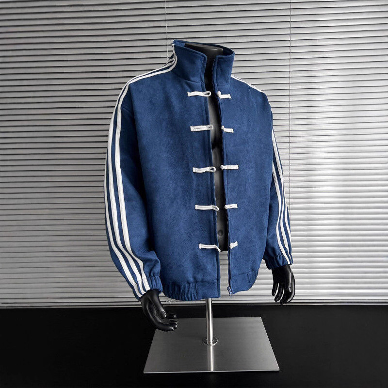 Blue and White Spliced ​​Three-Stripe Stand-Up Collar Jacket for Men in Autum, New Chinese Style Buttoned High-End Tang Suit Top