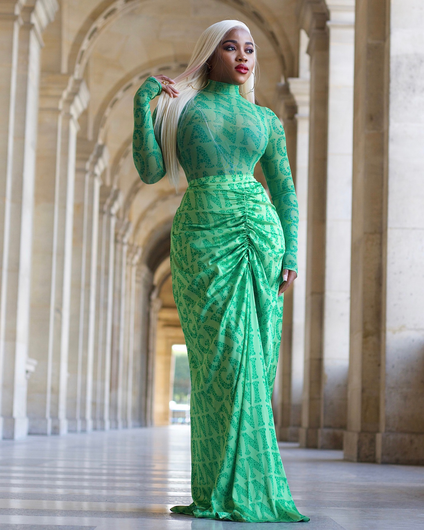 Y6050 Cross-Border European And American Women's Fashion Autumn Winter New Mesh Top Ruched Slim Long Skirt Two-Piece Set_ecoleips.com