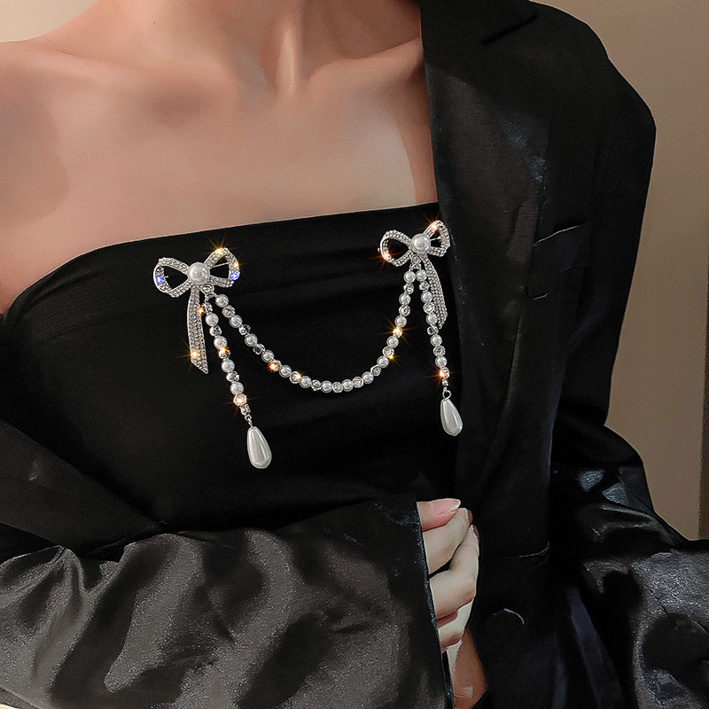 pearl diamond bow tassel antiglare alloy brooch clothing accessories womenpicture3