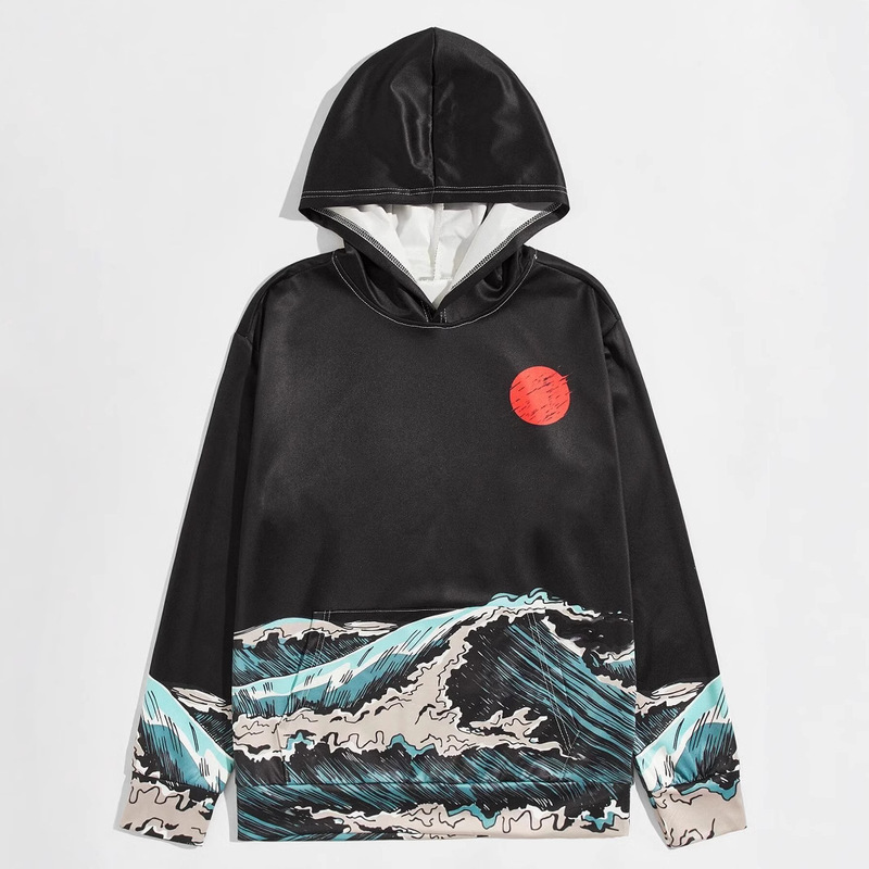 2024 Men's Long Sleeve Sweater Fashionable European Code hoodie3d Digital Printing Japanese Sun Wave Hoodie Men's Wear