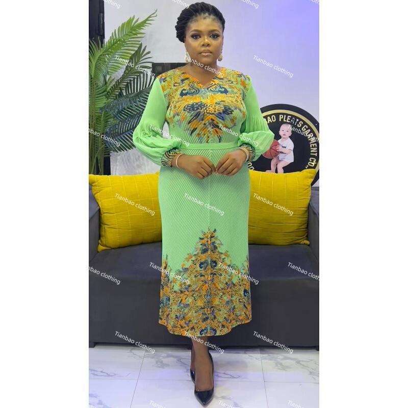 Tianbao Miyake Cross-Border Wholesale New Printed Fish Scale Pleated Puff Sleeve Lace-Up Large Size Women's Dress Tianbao Miyake Cross-Border Wholesale New Printed Fish Scale Pleated Puff Sleeve Lace-Up Large Size Women's Dress