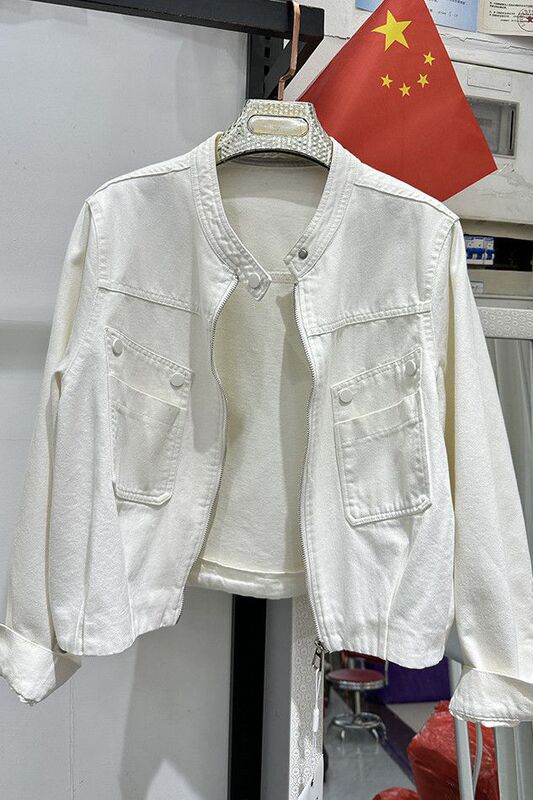 White Stand Collar Retro Casual Short Denim Jacket for Women 2025 Spring New Fashion Slim Jacket Top Trend