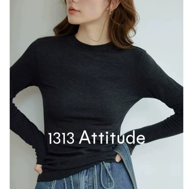 [Спот] 1313 хлопковая шерстяная смесь темно-серая нижняя рубашка осенняя женская полукруглый воротник, сшитая стройная футболка