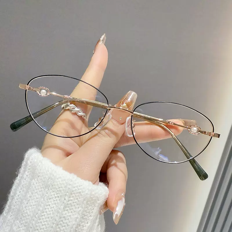 58166气质质感合金椭圆框近视眼镜女批发设计感高级奶茶金平光镜