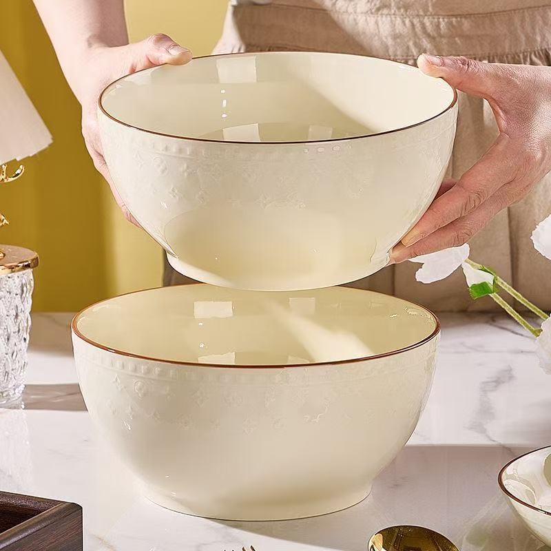 Cuencos de arroz de cerámica doméstica crema de viento red platos platos platos de sopa platos de sopa platos de platos simple relieve cubiertos image 9