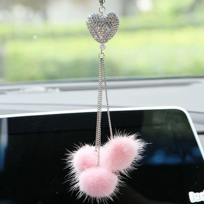 Car hanging Interior Rearview Mirror Personality DIY - diamond-love-pink-mink-fur-ball