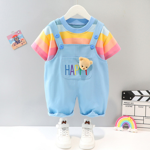 Children's Summer Outfit Set for 1-3 Year Old Boys - Rainbow Striped Short Sleeve Two-Piece Set - Cute Baby Clothes