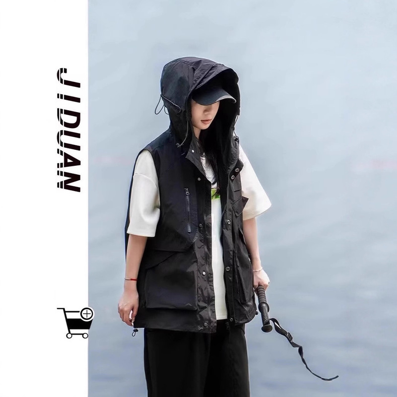 Japanese-Style Short-Sleeved Functional Work Vest for Men, Summer Multi-Pocket Casual Vest, Loose Hooded Sleeveless Jacket