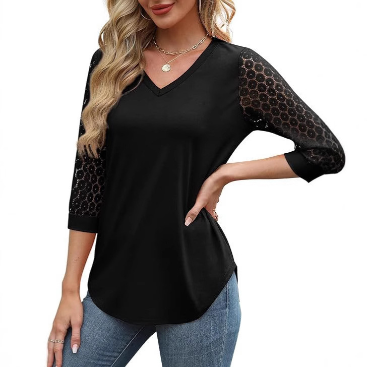 2025 Amazon Europe and America Hildo 3/4 Sleeve Women's Top V-Neck Lace Waist Top Business Casual Top