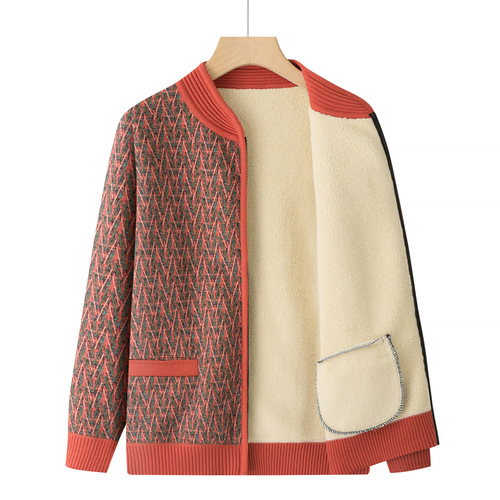 Women's Wool Coat Sweater for Middle-Aged and Elderly, with Fleece Open Shirt for Grandmothers, Thick 60-Year-Old Autumn/Winter Top