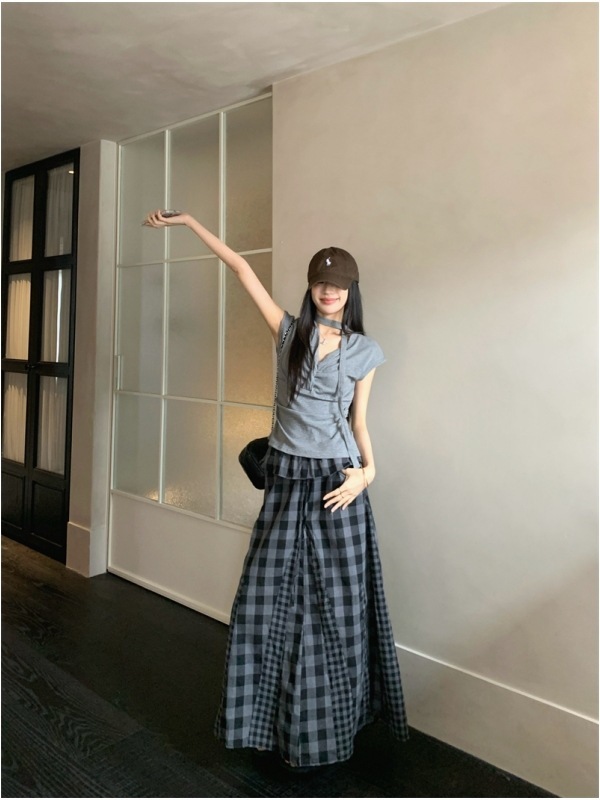 2025新款时尚套装灰色扭结短袖T恤女装夏季高腰格纹半身裙两件套|undefined