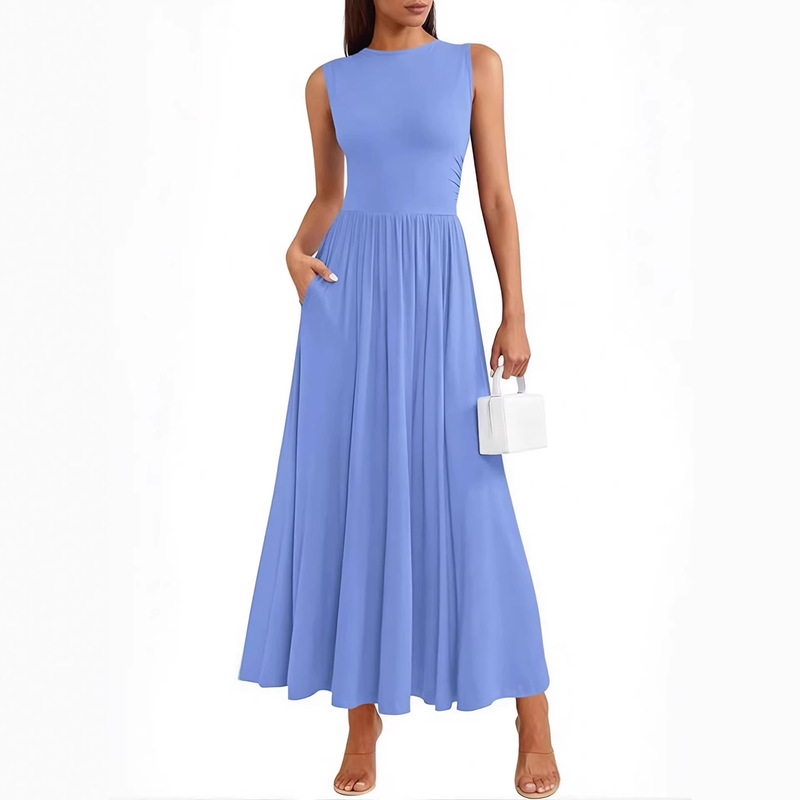 2026 Summer Sleeveless Round-Neck Waist-Cinching Long Dress with Side Pockets, Slim-Fit Casual Dress