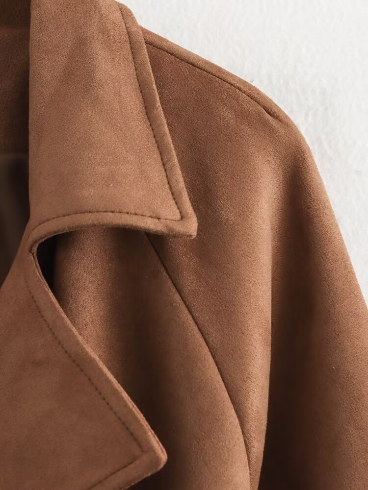 Polyester Fabric Type Women's Casual Vintage Style Solid Color Belt Double Breasted Coat
