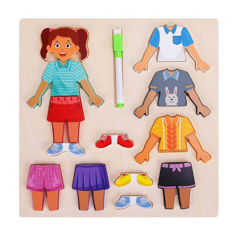 Personajes de madera para niños Vestir Tablero de dibujo de rompecabezas para niñas Tablero de escritura de graffiti Educación temprana Juguetes educativos al por mayor