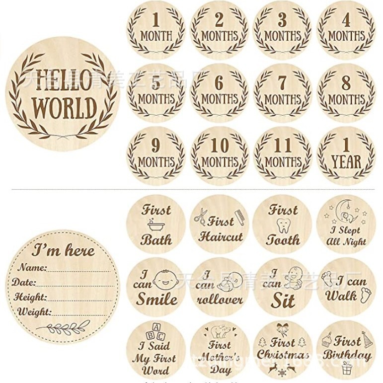 13 Tarjeta De Luna redonda de madera de doble cara y el primer baño de bebé tallado de doble cara del bebé y el hito recién nacido