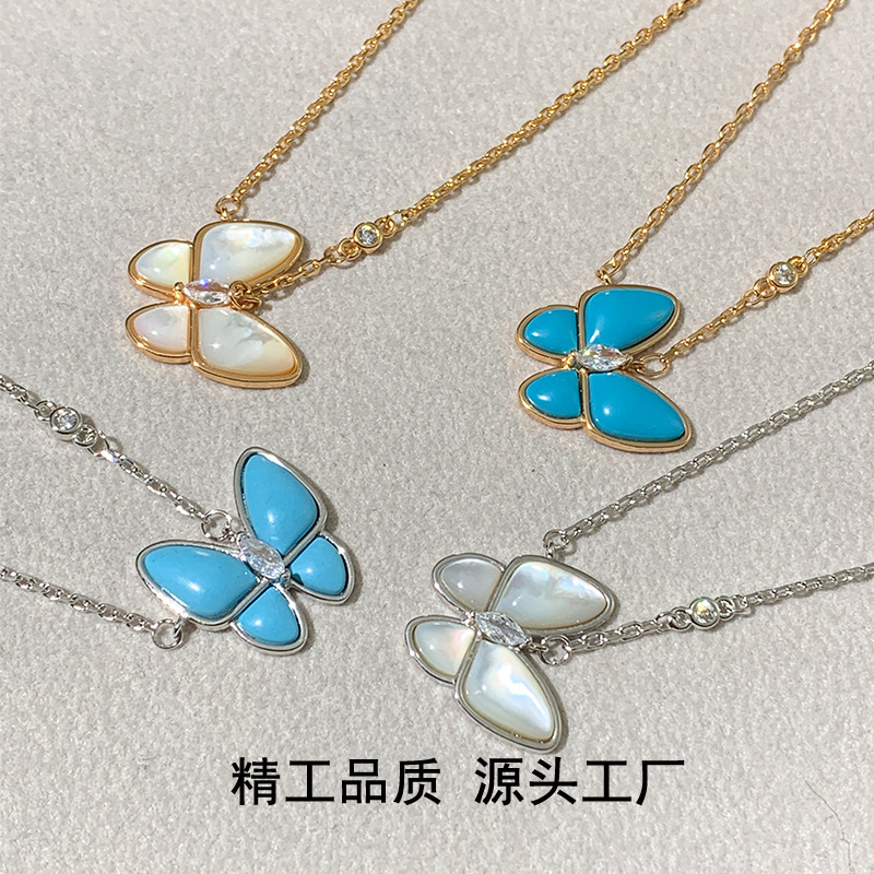 Fanjia V GOLD Blue butterfly necklace White fritillary High version versatile elegant high sense light luxury clavicle chain female wholesale Fanjia V GOLD Blue butterfly necklace White fritillary High version versatile elegant high sense light luxury clavicle chain female wholesale