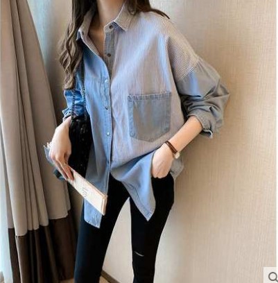 韩国2021秋季新款韩版宽松bf牛仔衬衫女长袖上衣设计感衬衣外套