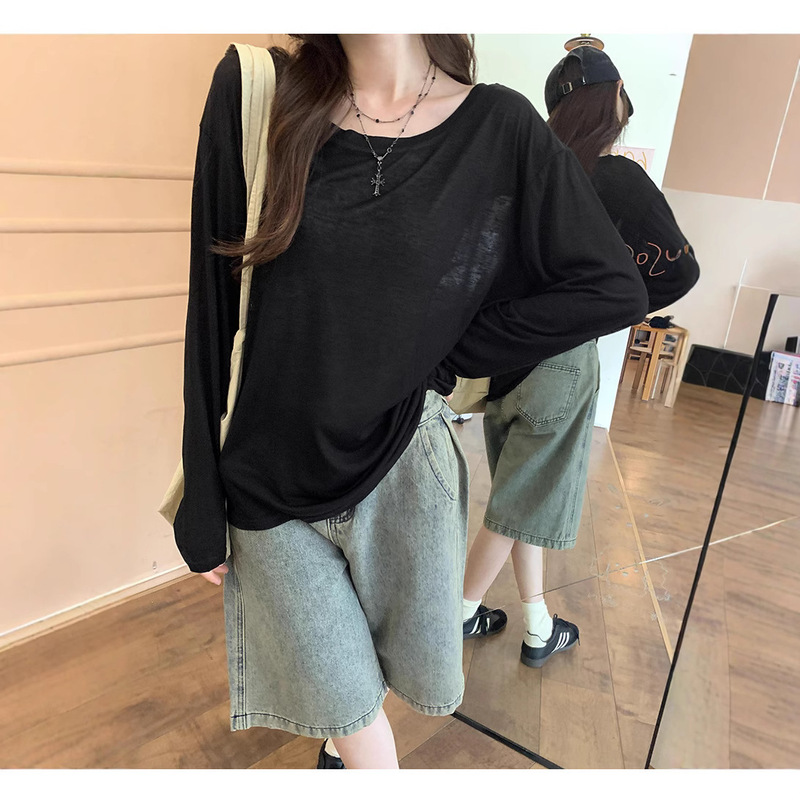 Plus Size Korean Style Thin Sun Protection Long-Sleeved T-Shirt for Women Summer 2025 New Slightly See-Through Blouse Bottoming Air-Conditioning Shirt