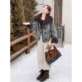 大毛翻领牛仔夹棉加厚棉衣女冬季外套2025巨好看独特超火短款棉服