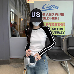 撞色复古插肩袖t恤女短上衣冬季春秋装美式辣妹ins长袖打底衫内搭