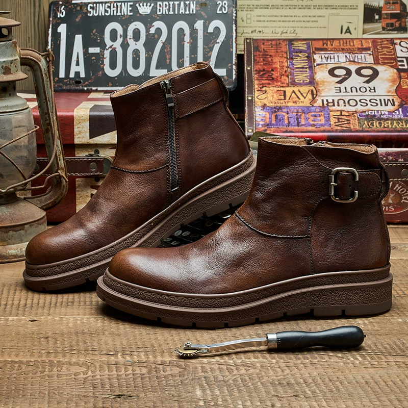 Американские Ретро Натуральная кожа британская толстая подошва, завышенная Высокая повседневная обувь с круглым носком, старые уличные ботинки челси для мужчин