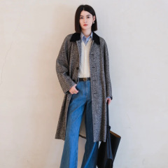 HE系女装 羊毛混纺人字纹花呢长款大衣女 2025年秋季新款风衣外套