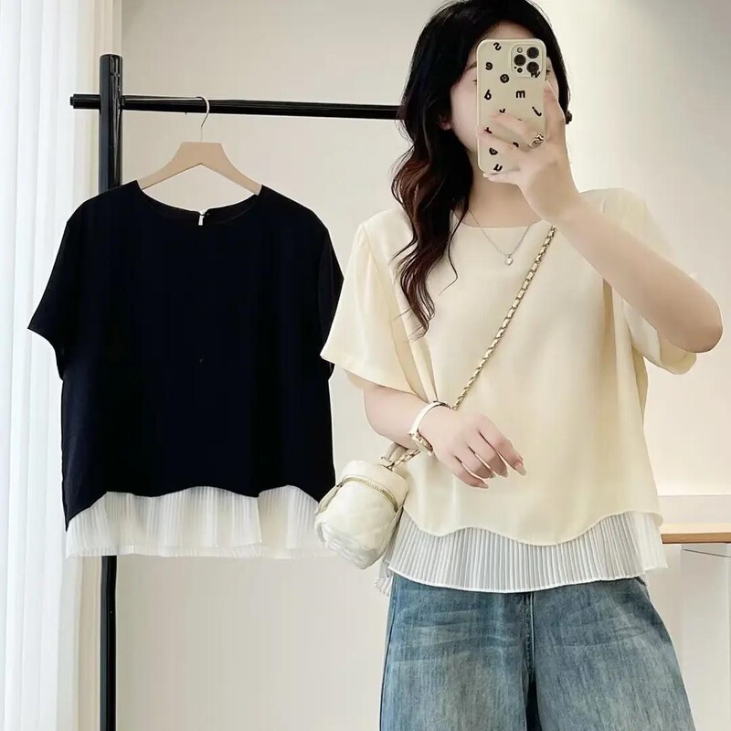 Plus-Size Korean-Style Stylish Ruffled Patchwork Shirt for Women, Summer New Versatile Top That Hides the Belly