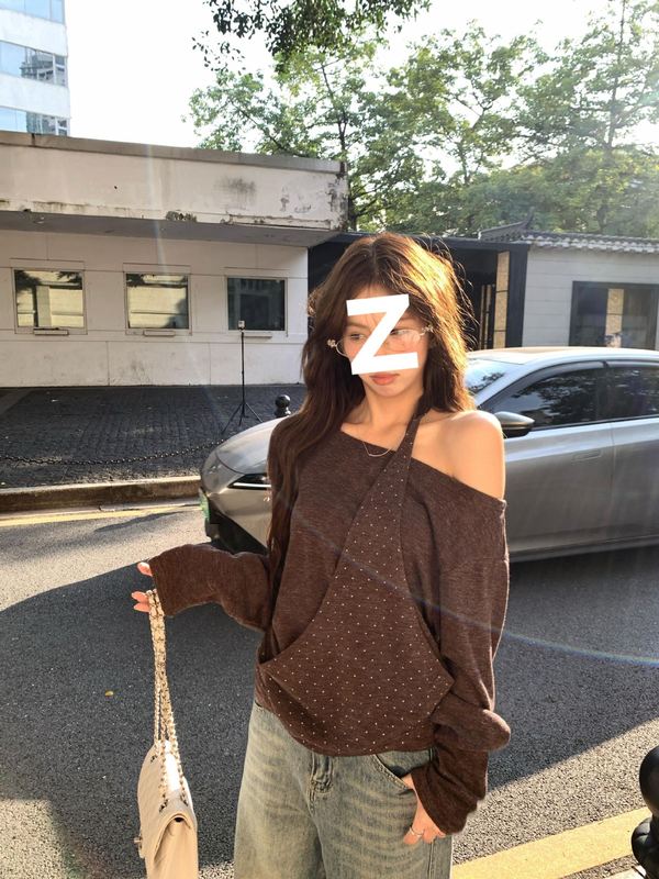 美式复古波点挂脖假两件长袖t恤女秋季松弛感宽松绝美露肩打底衫|undefined