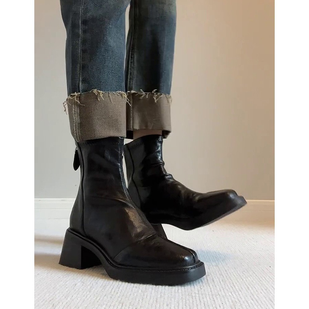 Cowhide Genuine Thick French Style Short For Women 2025 New Autumn Winter High Heel Stretch Slim Boots_vogvips.com
