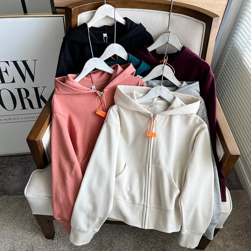 Japanese single women's fitting room Autumn New Sports zipper hooded cardigan coat long sleeve short sweater 459787