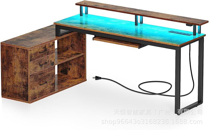 Computer Desk with File Drawer L-Shaped Desk with Power Socket and Led Light Home Office Desk Customizable