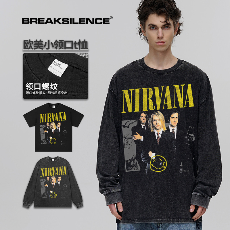 NIRVANA Nirvana Rock Band Short-sleeved T-shirt Autumn New Cross-border Heavy American Retro Men's Pure Cotton High Street