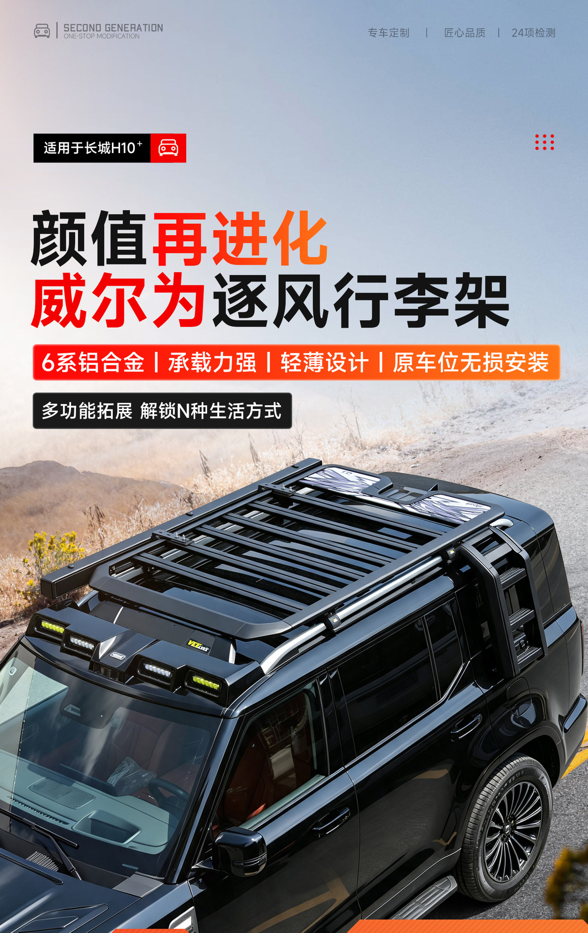 26 types of Great Wall H10 roof rack frames, off-road modification accessories, including spotlights, folding ladders, and side tents