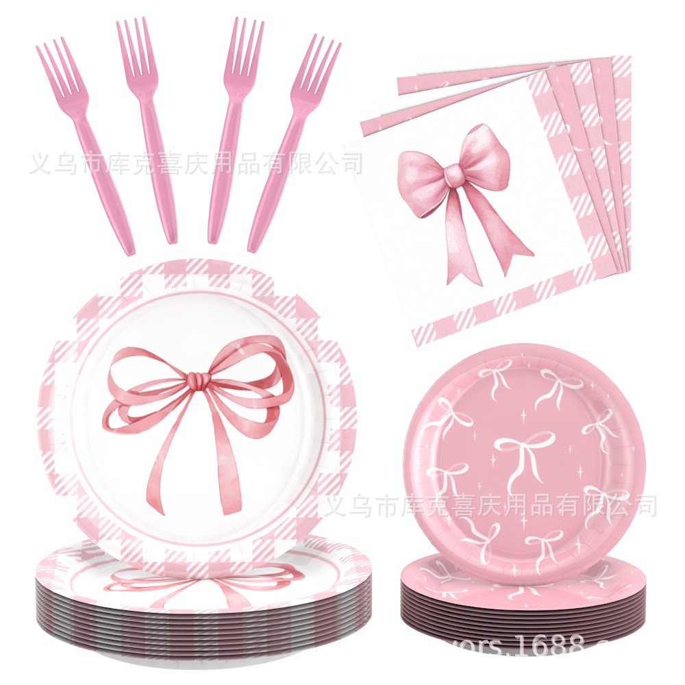 Amazon Pink Bowknot Party Decoración Niña Fiesta de cumpleaños Bandeja de papel desechable Taza de papel Bandeja de papel