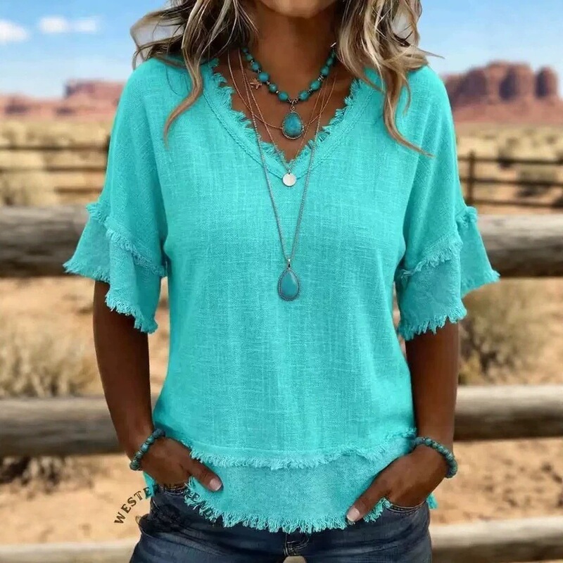 2026 Summer New European and American Style Loose V-neck Fringed Short Sleeve T-shirt Solid Color Casual Top Cross-border Women's Shirt 2026 Summer New European and American Style Loose V-neck Fringed Short Sleeve T-shirt Solid Color Casual Top Cross-border Women's Shirt