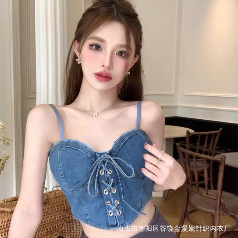 Denim Camisole Women's Inner Strap Slim Sexy Sexy Sexy Strap Chest Pad Design Short Tube Top