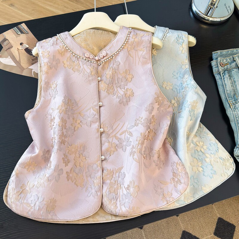 Chinese-style jacquard reversible vest for women, autumn collection, stand-up collar, beaded, fashionable loose-fitting outerwear top Chinese-style jacquard reversible vest for women, autumn collection, stand-up collar, beaded, fashionable loose-fitting outerwear top