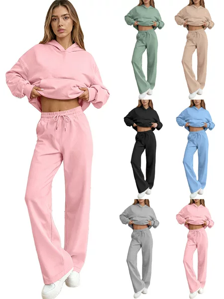 2026 European and American Amazon Cross-Border Winter Clothing Two-Piece Set for Women, Casual Fleece Sweatshirt with Hood, Winter Sports Suit