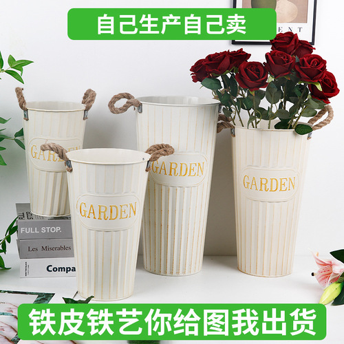 Iron flower arranging barrel retro flower shop dried flowers wake up flowers flower raising hemp rope double-ear American wrought iron flower barrel factory flowerpot