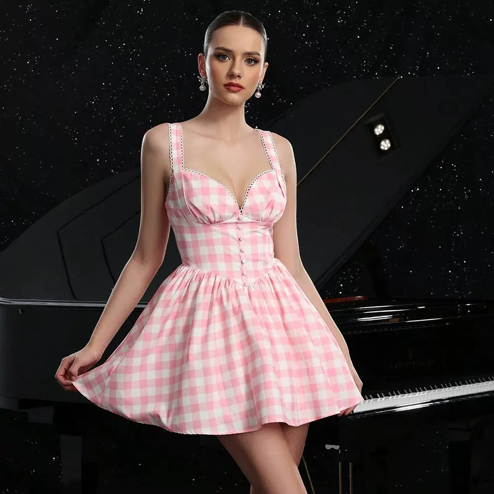 跨境春夏新款欧美女装时尚甜美连衣裙斜纹格子性感露背休闲吊带裙
