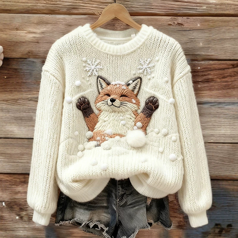 Cross-border Amazon European and American new Christmas print round-neck sweater for women, loose-fitting, stylish knitted top, casual Cross-border Amazon European and American new Christmas print round-neck sweater for women, loose-fitting, stylish knitted top, casual