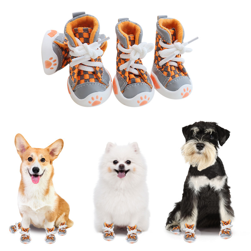 국경 간 애완 동물 신발 개 신발 통기성 체크 보드 캔버스 신발 미끄럼 방지 소프트 솔 신발 테디 빅시 옹 신발 커버