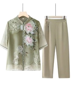 Mom's New Summer Chinese-Style Tops for Middle-Aged and Elderly Women's Summer Suits for Grandma 2024 New Chiffon Shirts Are Light and Thin