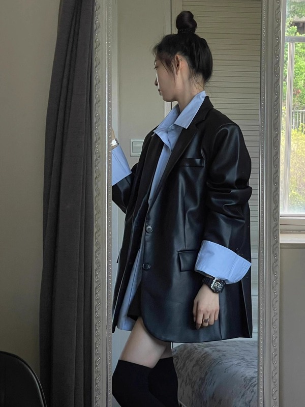 皮衣西装外套女2025早秋外套新款黑色复古宽松休闲气质感上衣|undefined