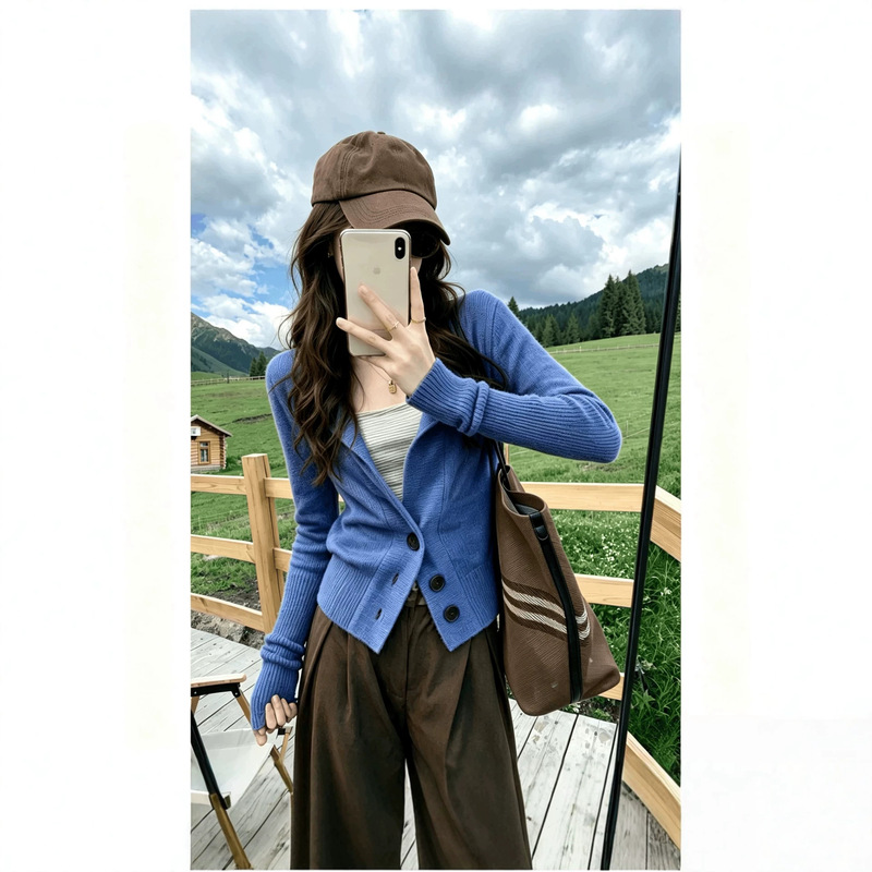 YS blue oversized sweater coat for women, autumn and winter, loose fit, slimming, elegant, casual, Korean style, short knit top, trendy YS blue oversized sweater coat for women, autumn and winter, loose fit, slimming, elegant, casual, Korean style, short knit top, trendy