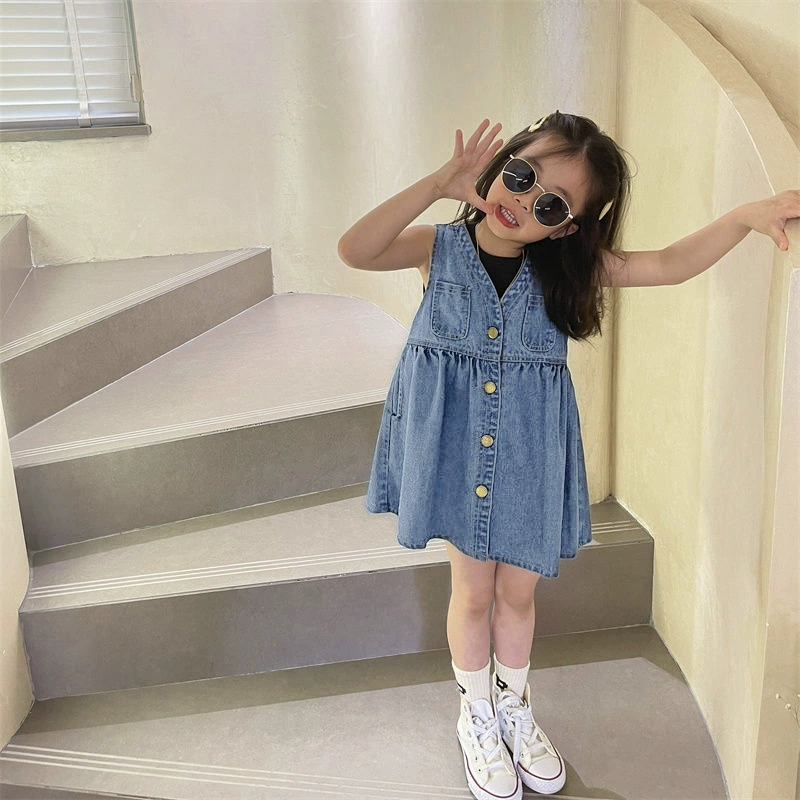 Set, sleevless dress, skirt, summer clothing, children's summer denim summer dress, western style